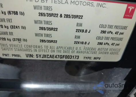 2016 Tesla Model X 60D/P100D/P90D z USA, uszkodzony, nr VIN 5YJXCAE47GF003173